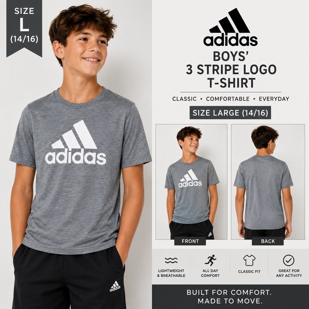 Adidas Boys T Shirt Gray 3 Stripe 3 Bar Logo Short Sleeve Athletic Top Large